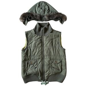 St. Bernard Olive Green Puffer Vest with Faux Fur Trim & Detachable Hood Size 16
